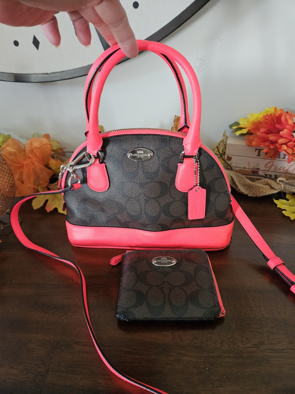 Coach Signature Dome Satchel with Neon Pink Trim
